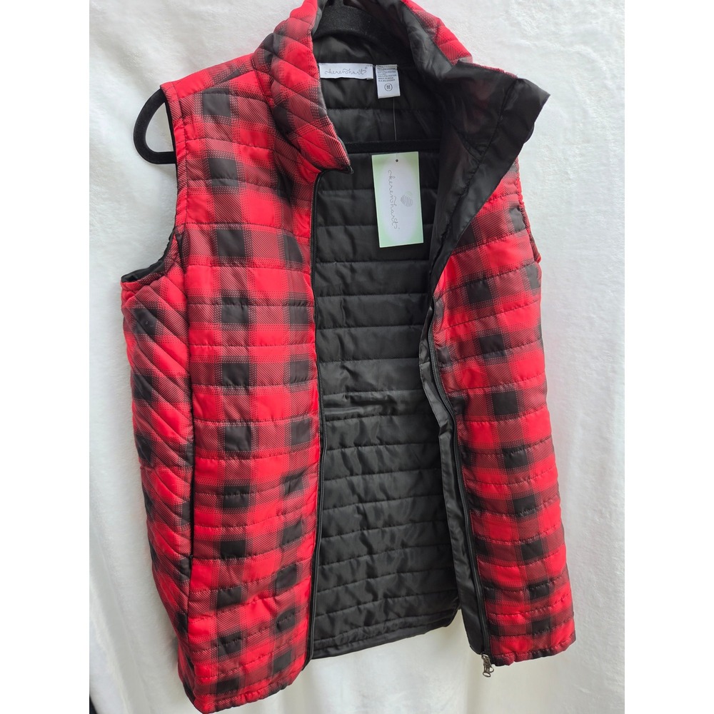 Keren Hart Buffalo Plaid Puffer Vest Women Medium Red Black NWT Quilted Zip